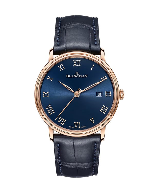 cortina Blancpain Villeret Ultraplate 40mm Red Gold Case Blue Dial Blue Leather Strap