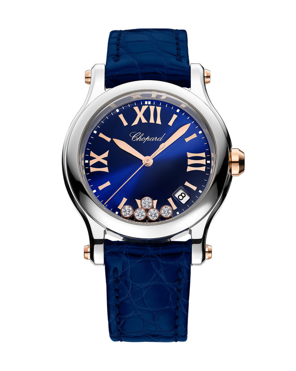 cortina Chopard Happy Sport 36mm Rose Gold Blue Dial Leather
