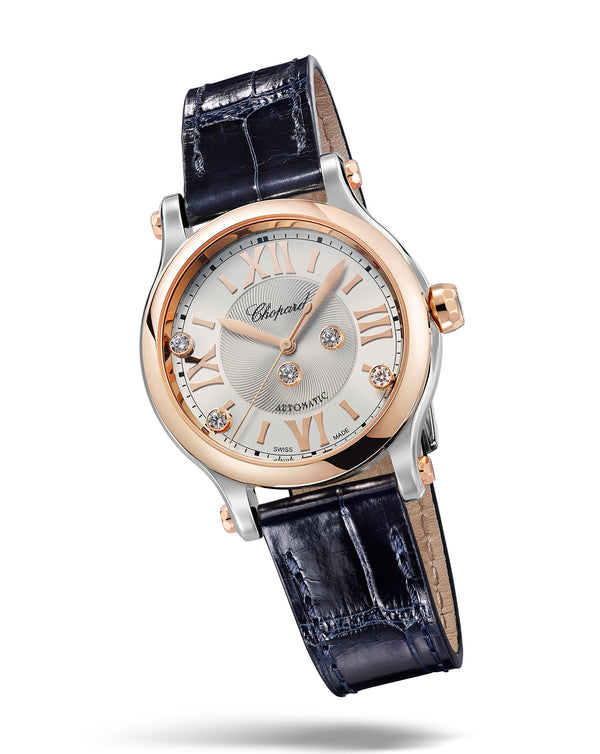 Cortina Chopard Happy Sport Auto 33mm Rose Gold Silver Dial Leather