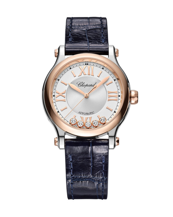 cortina Chopard Happy Sport Auto 33mm Rose Gold Silver Dial Leather