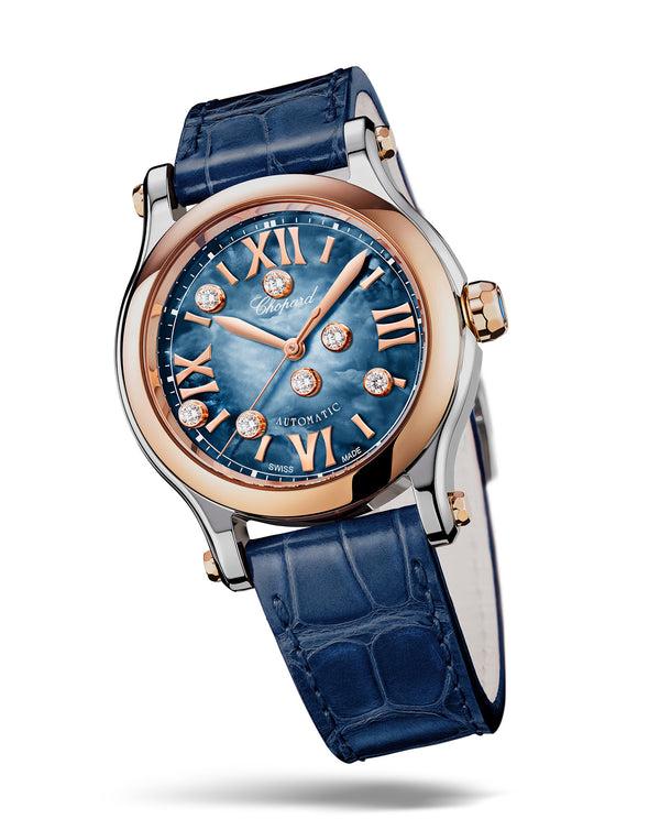 Cortina Chopard Happy Sport Auto 36mm Rose Gold Blue Dial Leather