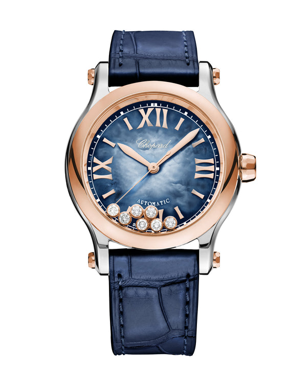 cortina Chopard Happy Sport Auto 36mm Rose Gold Blue Dial Leather