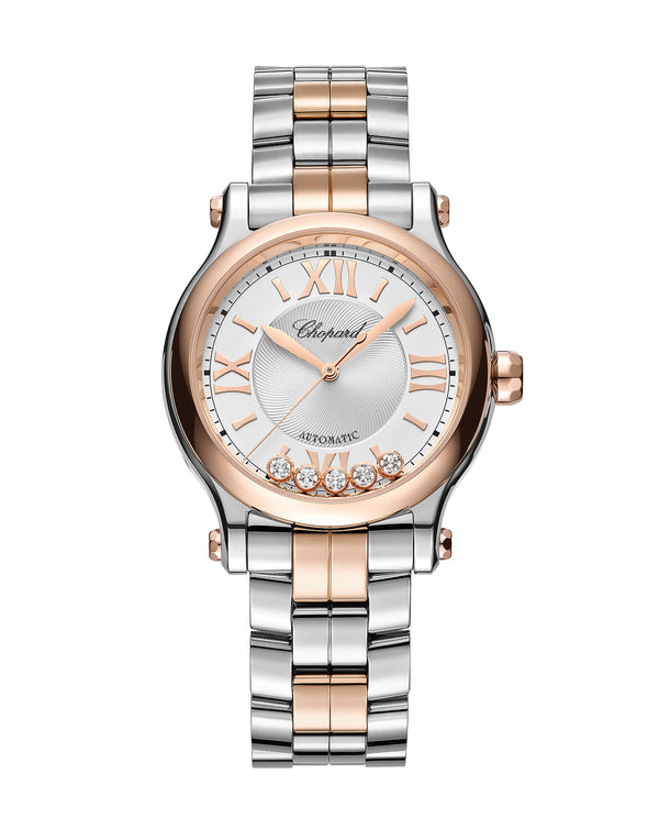 cortina Chopard Happy Sport Automatic 33mm Rose Gold Silver Dial Steel Bracelet