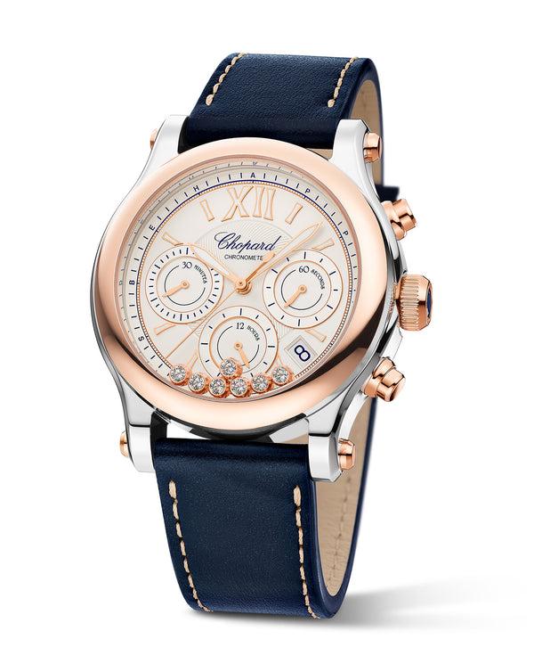 Cortina Chopard Happy Sport Chrono Automatic 40mm Rose Gold Diamonds Blue Leather Strap