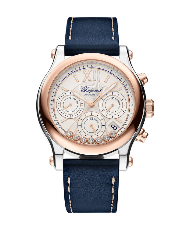 cortina Chopard Happy Sport Chrono Automatic 40mm Rose Gold Diamonds Blue Leather Strap