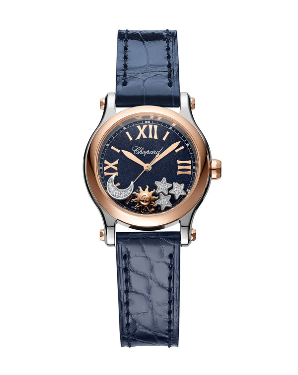 cortina Chopard Happy Sport Sun Moon and Stars Automatic 30mm Rose Gold Blue Dial Blue Leather Strap