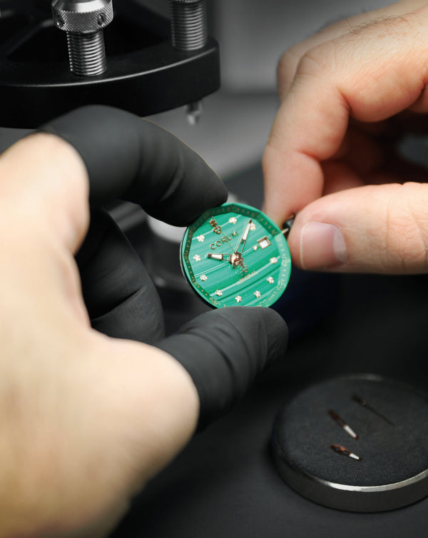 Cortina Corum Admiral 38 Automatic Green Malachite Dial With 10 Diamonds 18K Rose Gold Case 72 Round Diamonds On Bezel White Rubber Strap 18K Rose Gold Triple Folding Clasp