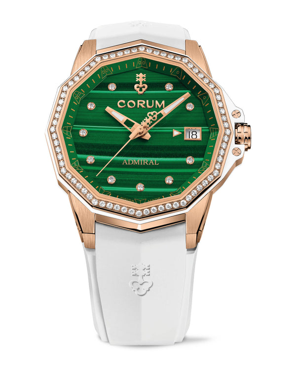 cortina Corum Admiral 38 Automatic Green Malachite Dial With 10 Diamonds 18K Rose Gold Case 72 Round Diamonds On Bezel White Rubber Strap 18K Rose Gold Triple Folding Clasp