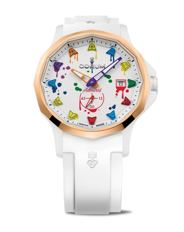 cortina Corum Admiral 42 Automatic Sunray White Dial with Color Splash White Ceramic Case 18K Rose Gold Bezel Stainless Steel cortina Corum Admiral 42 Automatic Sunray White Dial with Color Splash White Ceramic Case 18K Rose Gold Bezel Stainless Steel