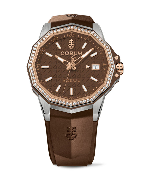 cortina Corum Admiral Automatic 38mm Titanium and Gold Case with Diamonds Brown Dial Brown Rubber Strap