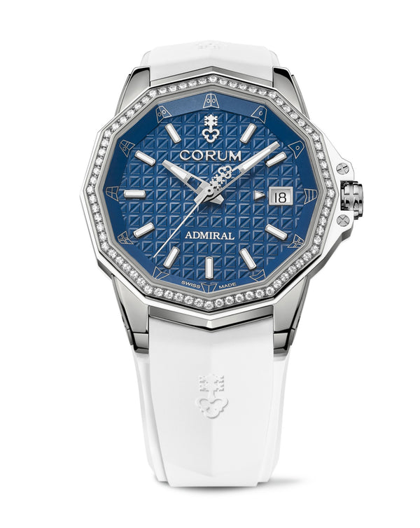 cortina Corum Admiral Automatic 38mm Titanium Case with Diamonds Blue Dial White Rubber Strap Limited Edition
