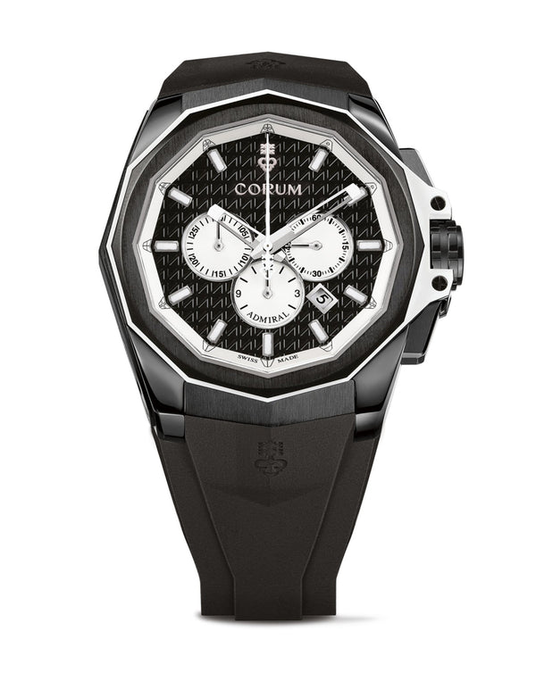 cortina Corum Admiral Chronograph 45mm Titanium with PVD Case Black & Silver Dial Black Rubber Strap