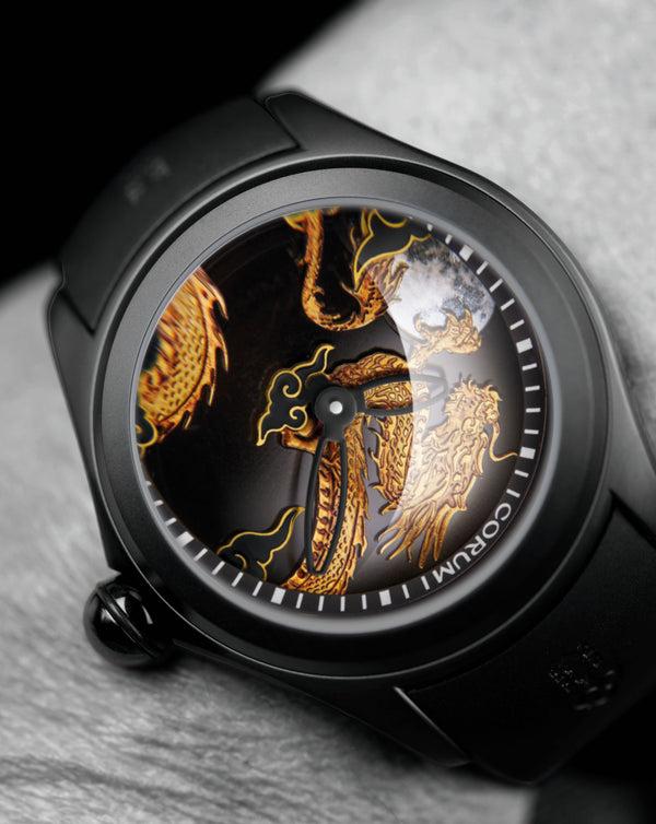 Cortina Corum Bubble 47 Dragon Stainless Steel With Black PVD Case Black Sunray Dial With Gold Dragon And Moon Made Of Mother-of-Pearl Black Rubber Strap