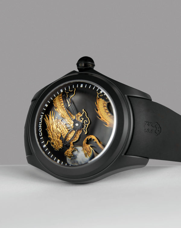 Cortina Corum Bubble 47 Dragon Stainless Steel With Black PVD Case Black Sunray Dial With Gold Dragon And Moon Made Of Mother-of-Pearl Black Rubber Strap