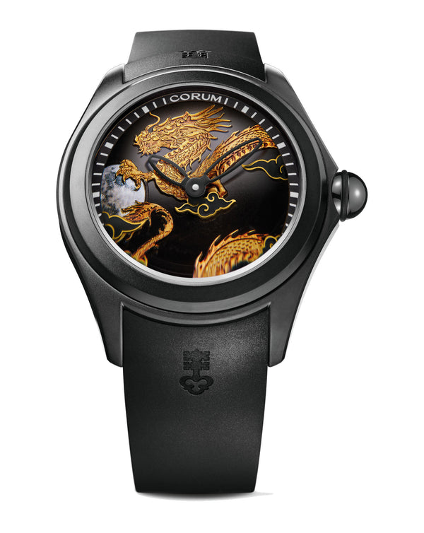 cortina Corum Bubble 47 Dragon Stainless Steel with Black PVD Case Black sunray dial with gold dragon and moon made of Mother-of-Pearl Black Rubber Strap