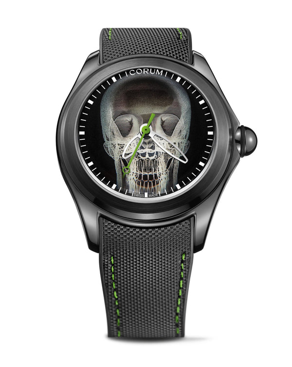 cortina Corum Bubble X-Ray 47mm Steel with Black PVD Case Black Dial with Green Luminova Skull Black Rubber & Leather Strap