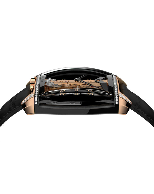 Cortina Corum Golden Bridge Avant-Garde Automatic Titanium With Black Dlc Treatment Case 18K Rose Gold Horns And Crown 72 Diamonds Titanium With Black Dlc Cover In 18K Rose Gold Triple Folding Clasp