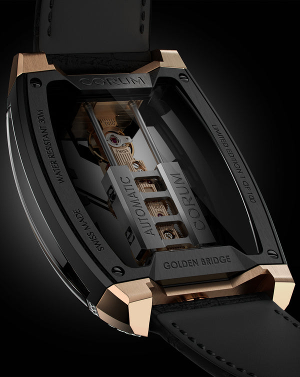 Cortina Corum Golden Bridge Avant-Garde Automatic Titanium With Black Dlc Treatment Case 18K Rose Gold Horns And Crown 72 Diamonds Titanium With Black Dlc Cover In 18K Rose Gold Triple Folding Clasp