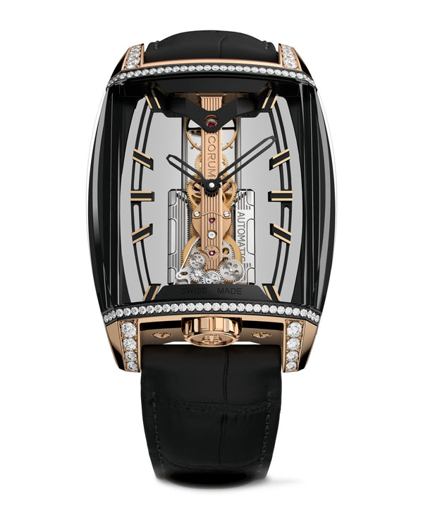 cortina Corum Golden Bridge Avant-Garde Automatic Titanium With Black Dlc Treatment Case 18K Rose Gold Horns And Crown 72 Diamonds Titanium With Black Dlc Cover In 18K Rose Gold Triple Folding Clasp