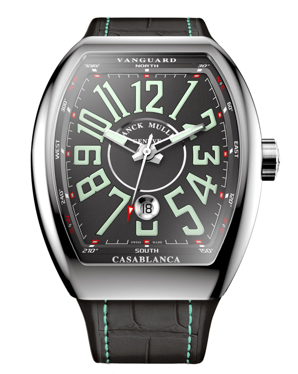 cortina Franck Muller Vanguard Casablanca 41mm Black Dial Black inserts on both sides of case Black Leather on Rubber Strap