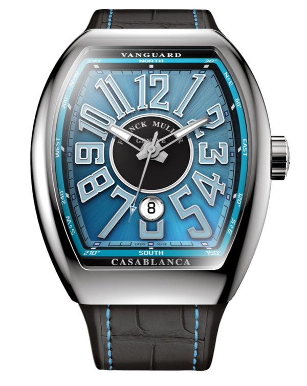 cortina Franck Muller Vanguard Casablanca 41mm Blue Dial Black inserts on both sides of case Black Leather on Rubber Strap