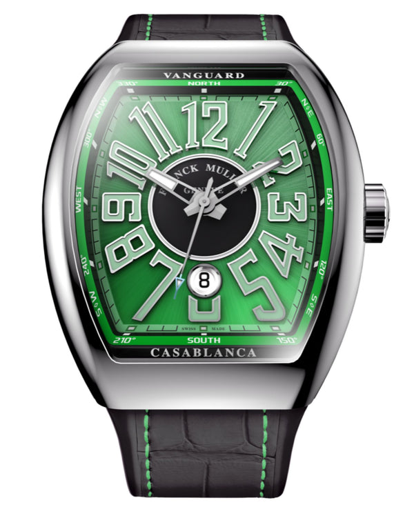 cortina Franck Muller Vanguard Casablanca 41mm Green Dial Black inserts on both sides of case Black Leather on Rubber Strap