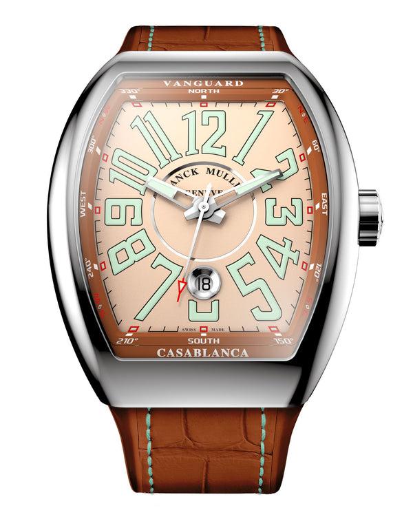 cortina Franck Muller Vanguard Casablanca 41mm Salmon Dial Salmon inserts on both sides of case Brown Leather on Rubber Strap