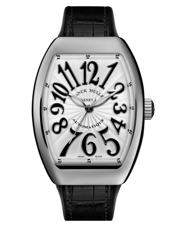 cortina Franck Muller Vanguard Lady 32mm White Dial Black inserts on both sides of case Black Leather on Rubber Strap