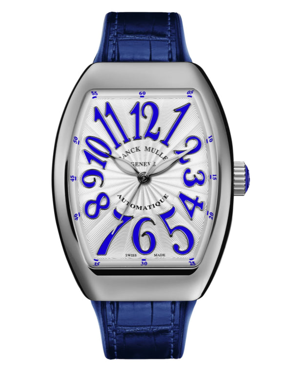 cortina Franck Muller Vanguard Lady 32mm White Dial Blue inserts on both sides of case Blue Leather on Rubber Strap