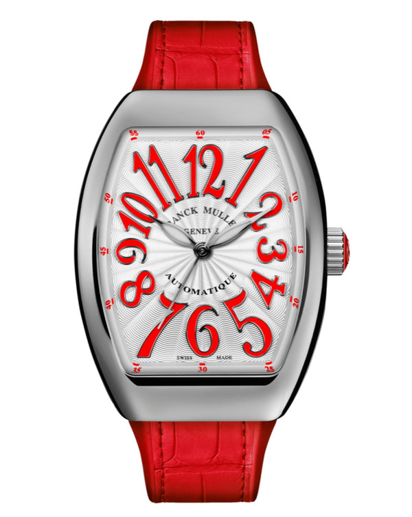 cortina Franck Muller Vanguard Lady 32mm White Dial Red inserts on both sides of case Red Leather on Rubber Strap