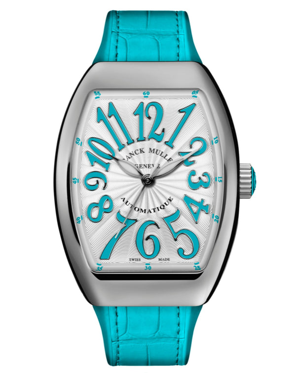 cortina Franck Muller Vanguard Lady 32mm White Dial Turquoise inserts on both sides of case Turquoise Leather on Rubber Strap