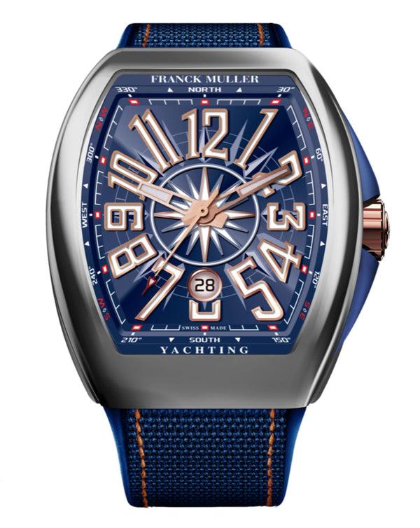 cortina Franck Muller Vanguard Yachting 41mm Blue Dial 18k Rose Gold crown Blue inserts on both sides of case Blue Leather on Rubber Strap