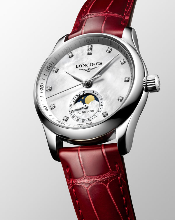 Cortina Longines Master Collection Automatic Moon-phase 34mm White Dial Red Leather Strap