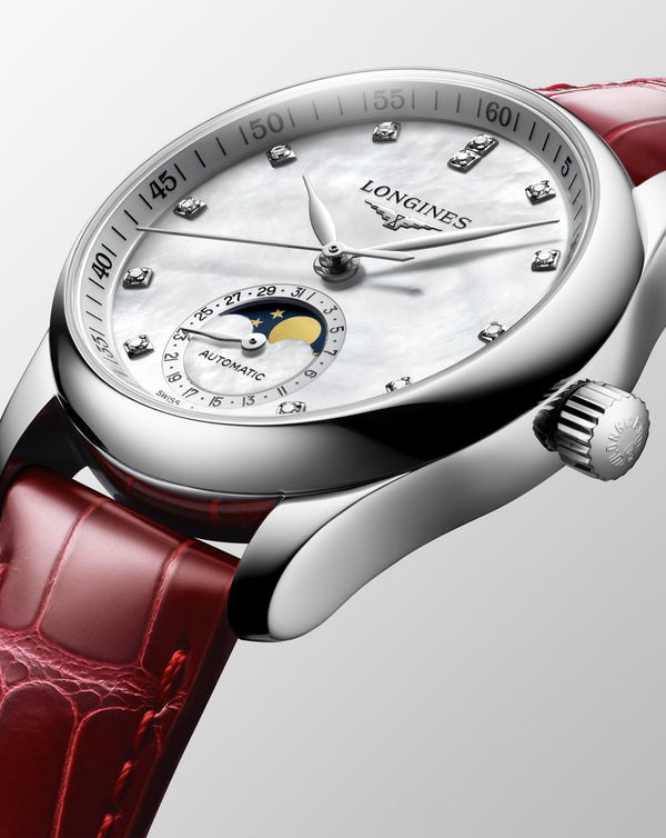 Cortina Longines Master Collection Automatic Moon-phase 34mm White Dial Red Leather Strap