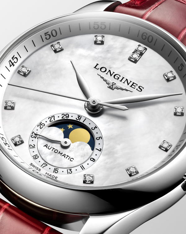 Cortina Longines Master Collection Automatic Moon-phase 34mm White Dial Red Leather Strap