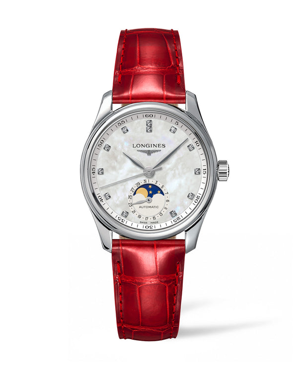 cortina Longines Master Collection Automatic Moon-phase 34mm White Dial Red Leather Strap