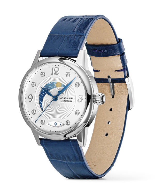 Cortina Montblanc Bohéme Day & Night 34mm Silver-White Dial Blue Leather Strap