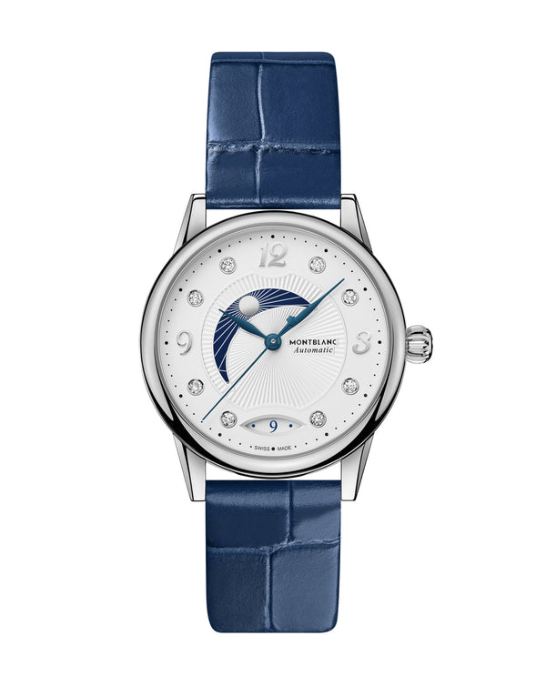 cortina Montblanc Bohéme Day & Night 34mm Silver-White Dial Blue Leather Strap