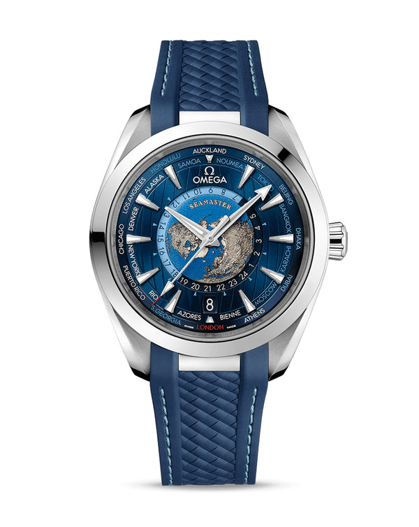 cortina OMEGA Seamaster Aqua Terra 150M Co‑Axial Master Chronometer GMT Worldtimer 43mm Steel Case Blue Dial Blue Rubber Strap
