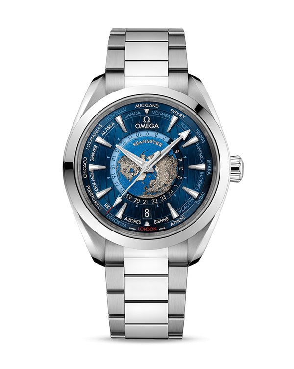cortina OMEGA Seamaster Aqua Terra 150M Co‑Axial Master Chronometer GMT Worldtimer 43mm Steel Case Blue Dial Steel Bracelet