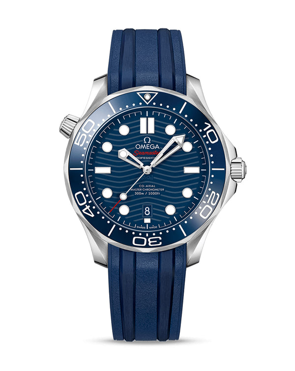 cortina OMEGA Seamaster Diver 300M Co‑Axial Master Chronometer 42mm Steel Case Blue Dial Blue Rubber Strap