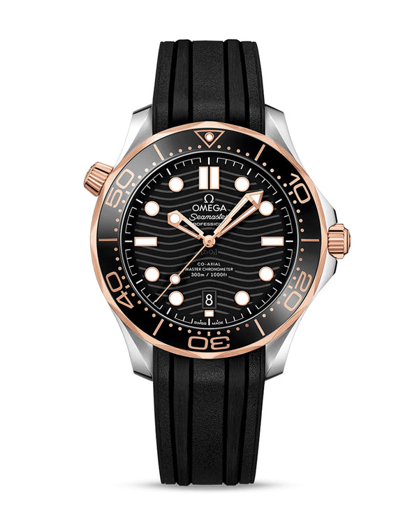 cortina OMEGA Seamaster Diver 300M Co‑Axial Master Chronometer 42mm Steel-Sedna Gold Case Black Dial Black Rubber Strap