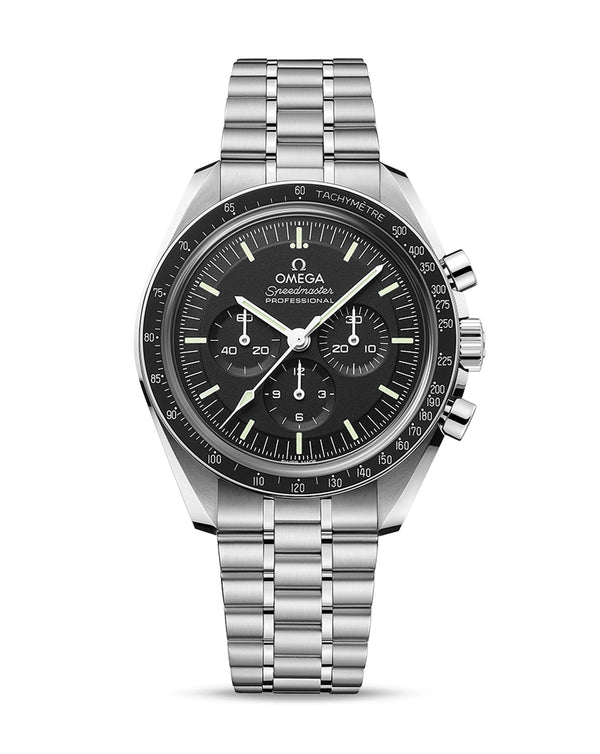 cortina OMEGA Speedmaster Moonwatch Professional Co‑Axial Master Chronometer Chronograph 42mm Steel Case Black Dial Sapphire Crystal Steel Bracelet