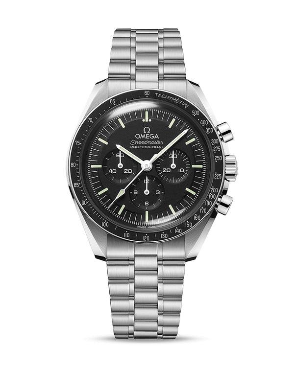 cortina OMEGA Speedmaster Moonwatch Professional Co‑Axial Master Chronometer Chronograph 42mm Steel Case Black Dial Hesalite Crystal Steel Bracelet