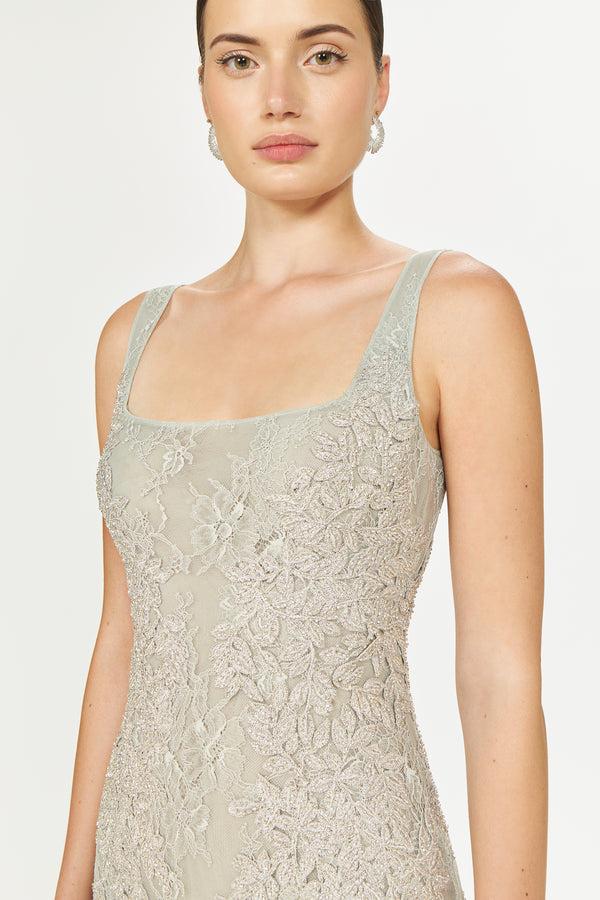 Costarellos Elysia Lace Square-Neck Gown