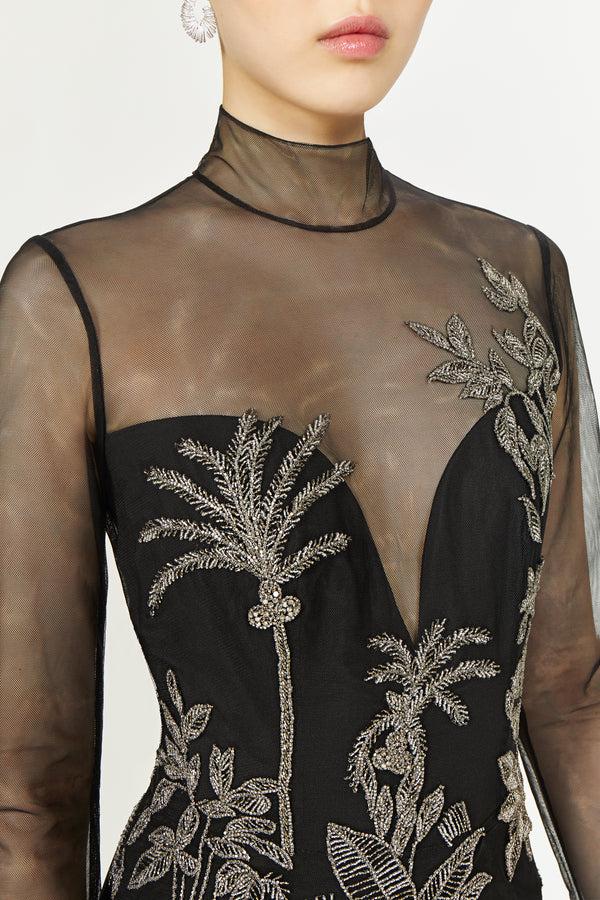 Costarellos Marcella Tulle High-Neck Gown