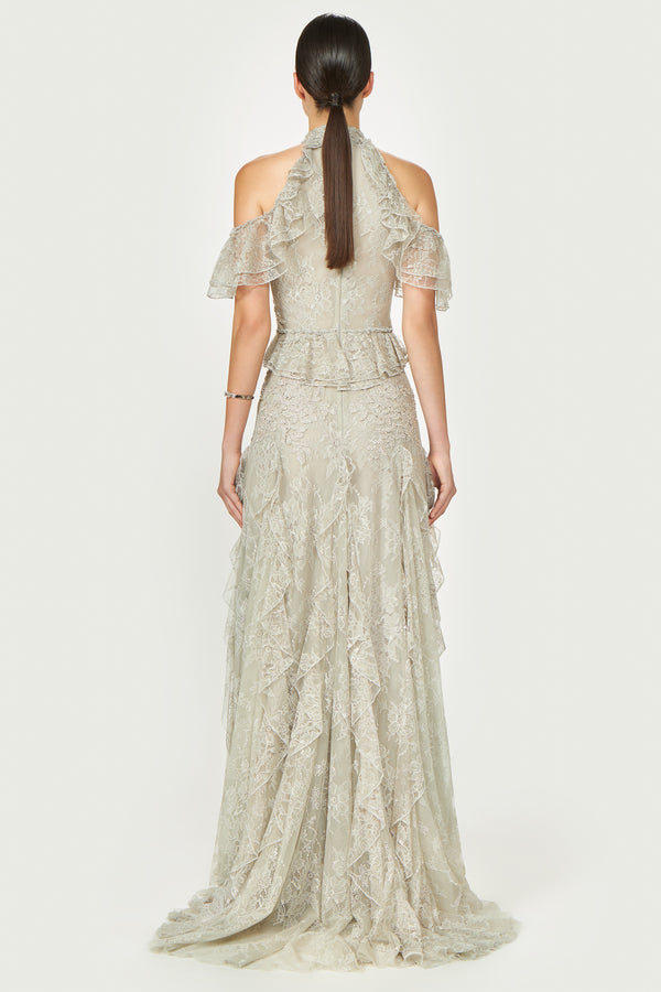 Costarellos Rhodine Lace Cold-Shoulder Gown