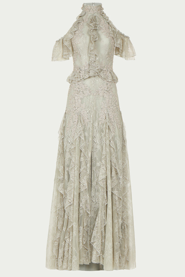 Costarellos Rhodine Lace Cold-Shoulder Gown