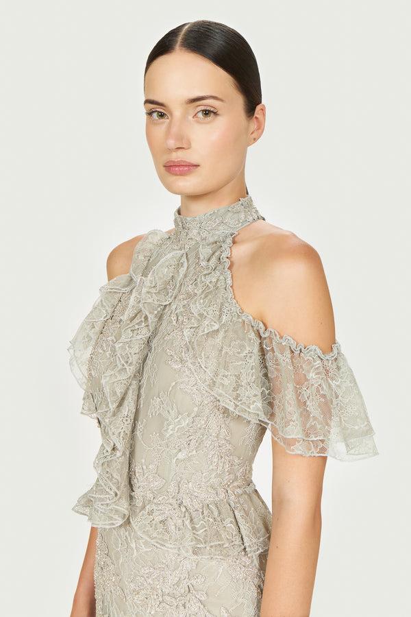 Costarellos Rhodine Lace Cold-Shoulder Gown