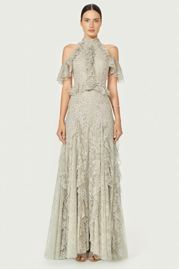 costarellos Rhodine Lace Cold-Shoulder Gown